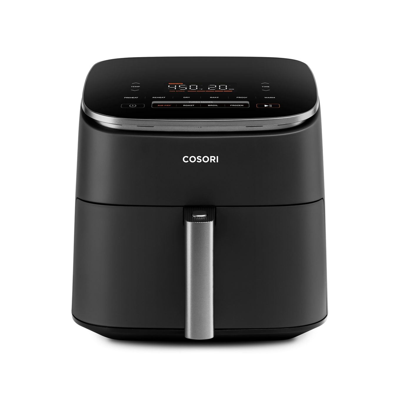 COSORI TurboBlaze 6-quart air fryer in dark gray, front view with touch panel and basket handle