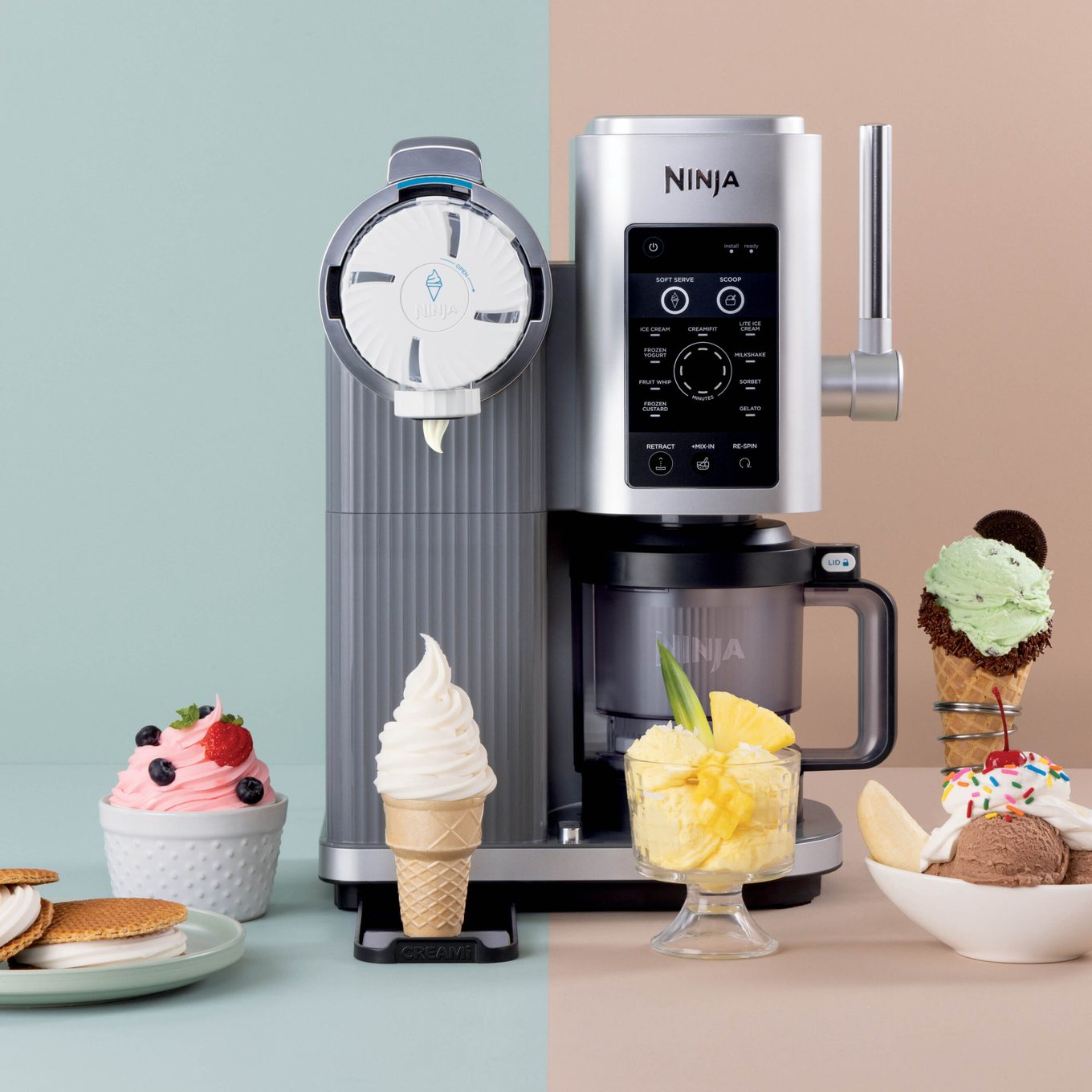 Ninja Swirl by CREAMi NC701 in platinum silver dispensing vanilla soft serve, control panel showing its 13 one-touch programs, surrounded by finished frozen desserts