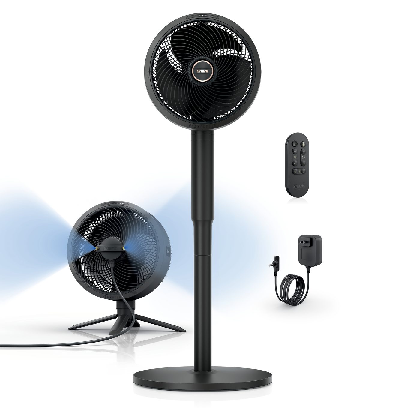 Shark FlexBreeze FA222 shown in pedestal and tabletop modes, InstaCool misting ring attached on the tabletop unit, remote and charger alongside
