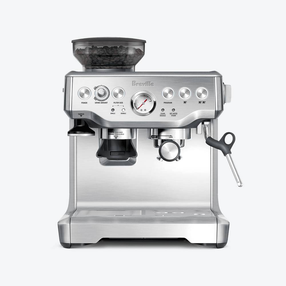 Breville Barista Express BES870XL espresso machine in brushed stainless steel with built-in grinder