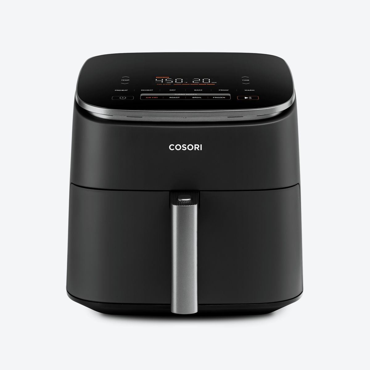 COSORI TurboBlaze 6-quart air fryer in dark gray, front view with touch panel and basket handle