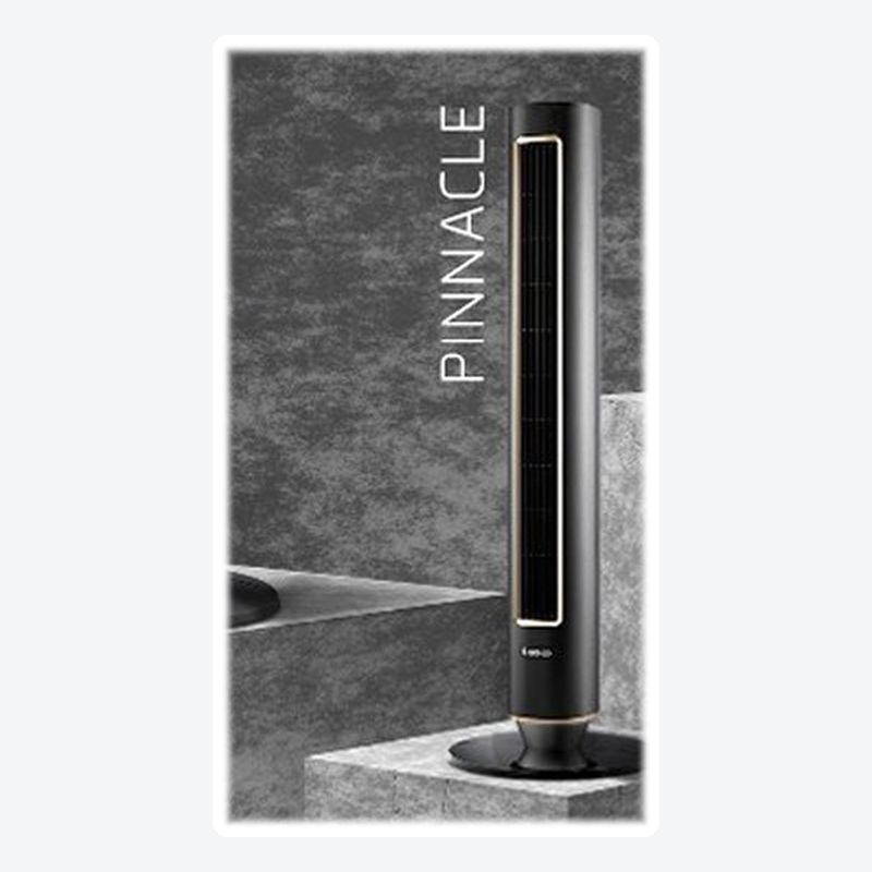 Lasko Pinnacle DST100 tower fan, black with bronze trim, on a stone pedestal from the Summit Series press image