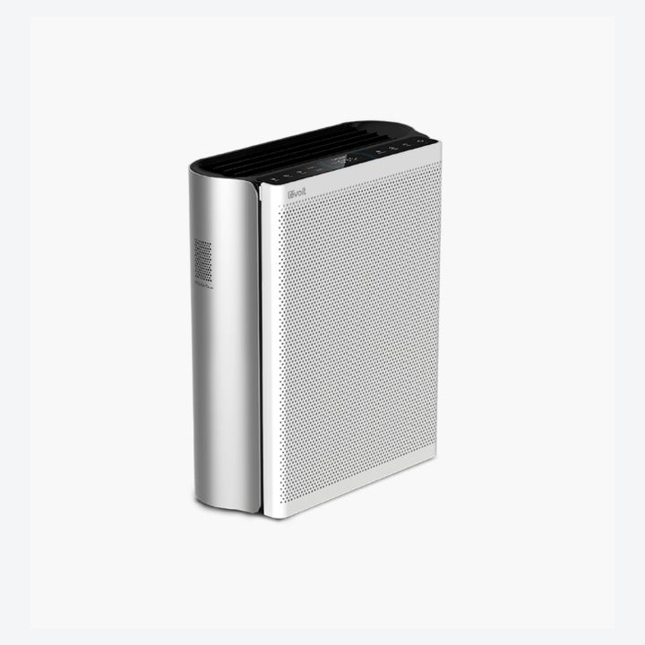 Levoit EverestAir smart air purifier, side three-quarter studio view showing the slanted top control deck and silver AirSight side band