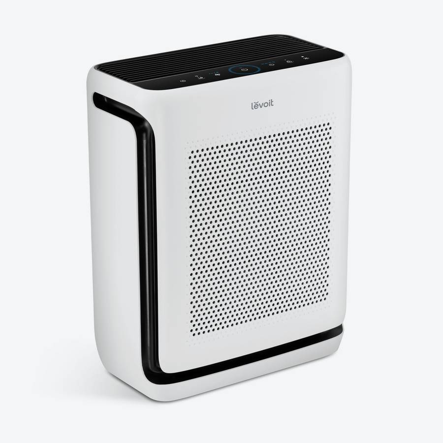 Levoit Vital 200S air purifier in white, front three-quarter studio view with washable pre-filter body and top control panel