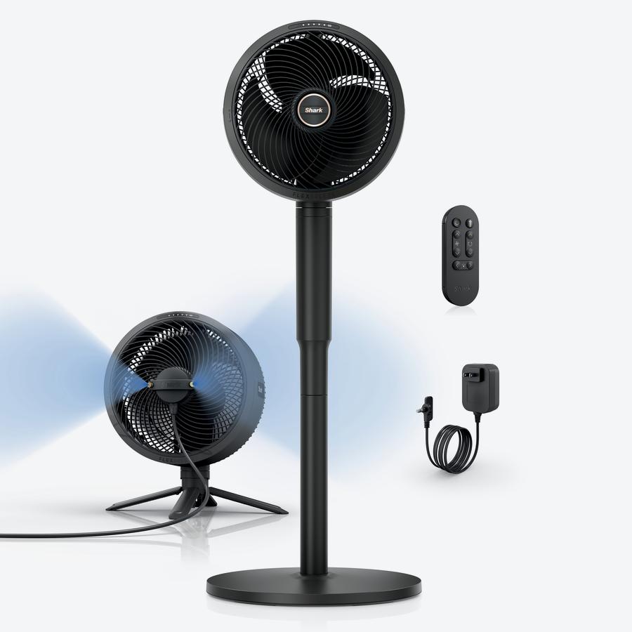 Shark FlexBreeze FA222 shown in pedestal and tabletop modes, InstaCool misting ring attached on the tabletop unit, remote and charger alongside