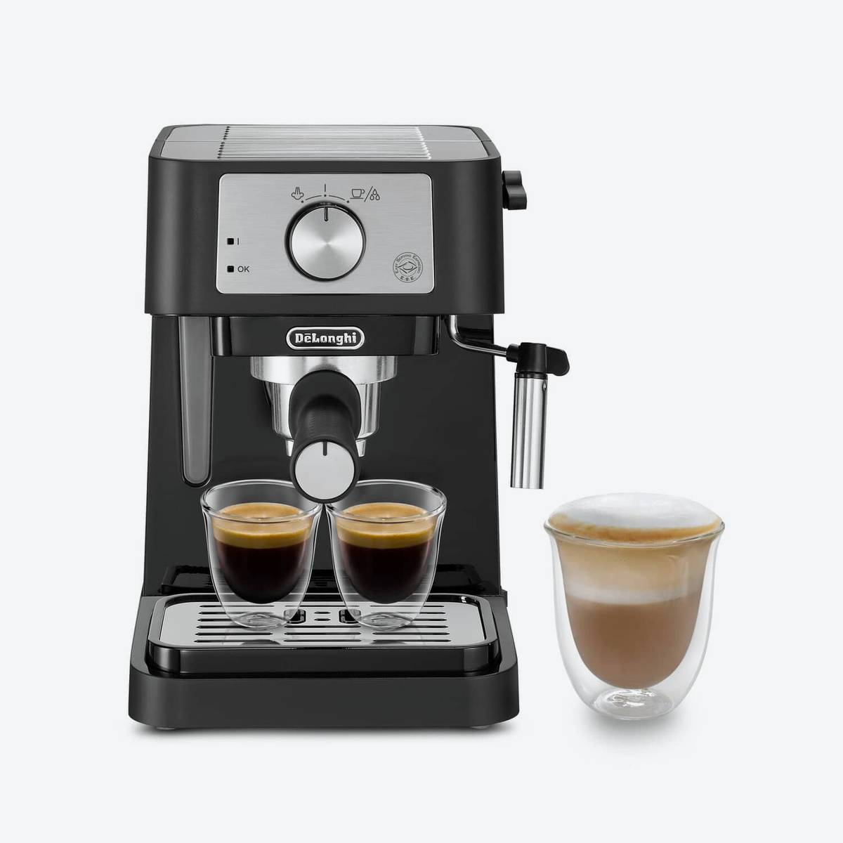 De'Longhi Stilosa EC260BK espresso machine in black with two espresso cups