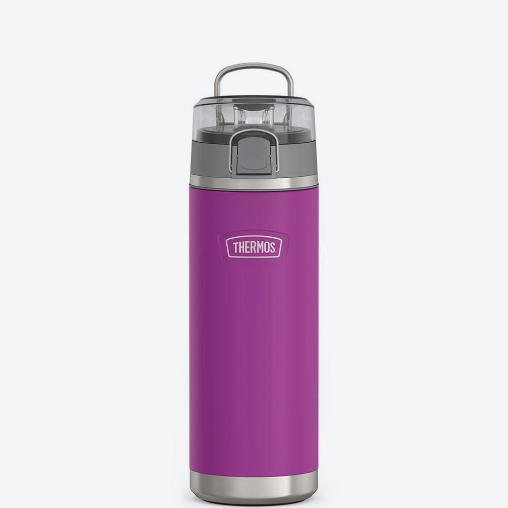 Thermos Icon Series 24-ounce stainless steel water bottle in Plum with covered spout lid and steel carry handle